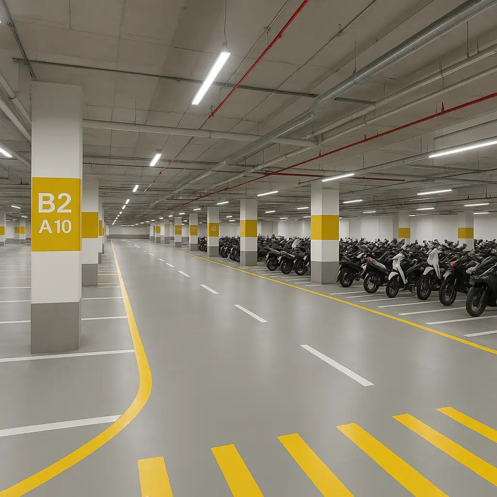 Bên trong hầm gửi xe 3 tầng tại Crescent Mall với phân làn xe máy và ô tô rõ ràng