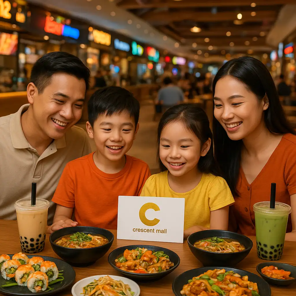Gia đình đang vui vẻ trải nghiệm ẩm thực tại food court bằng phiếu quà tặng Crescent Mall.