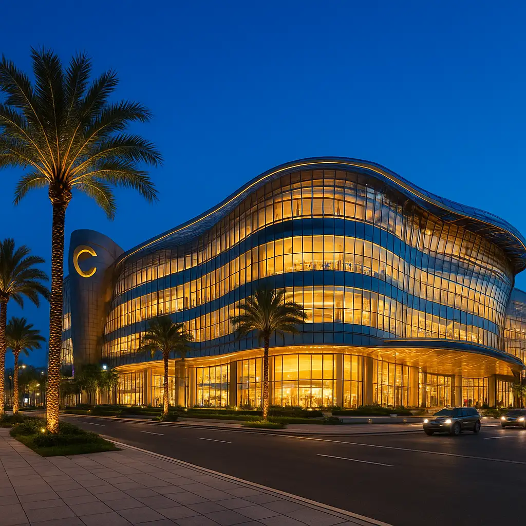 Hình ảnh toàn cảnh trung tâm thương mại Crescent Mall hiện đại tại Phú Mỹ Hưng vào buổi tối.