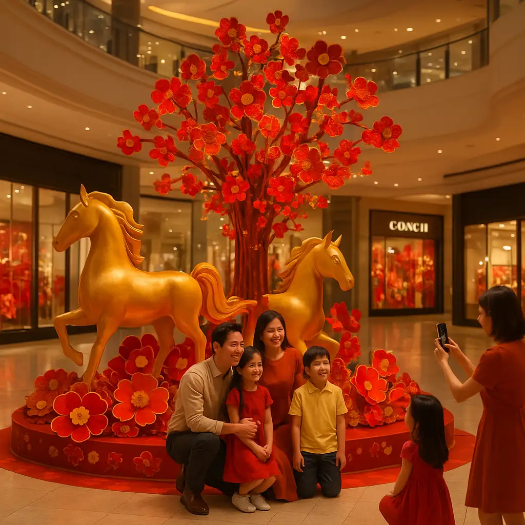 Không gian trang trí bên trong Crescent Mall rực rỡ không khí Tết 2026, thu hút khách tham quan.