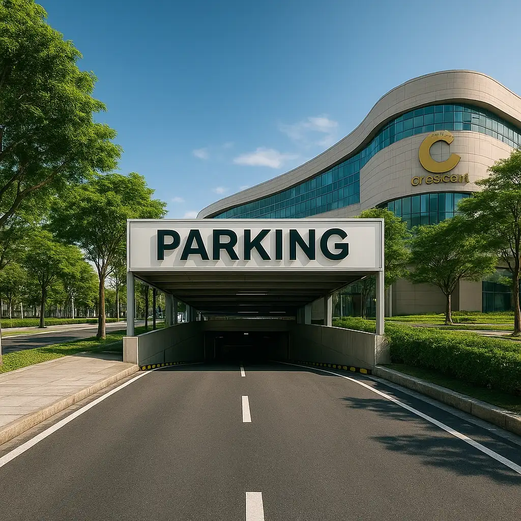 Lối vào hầm gửi xe hiện đại của Crescent Mall tại đường Hoàng Văn Thái, Quận 7