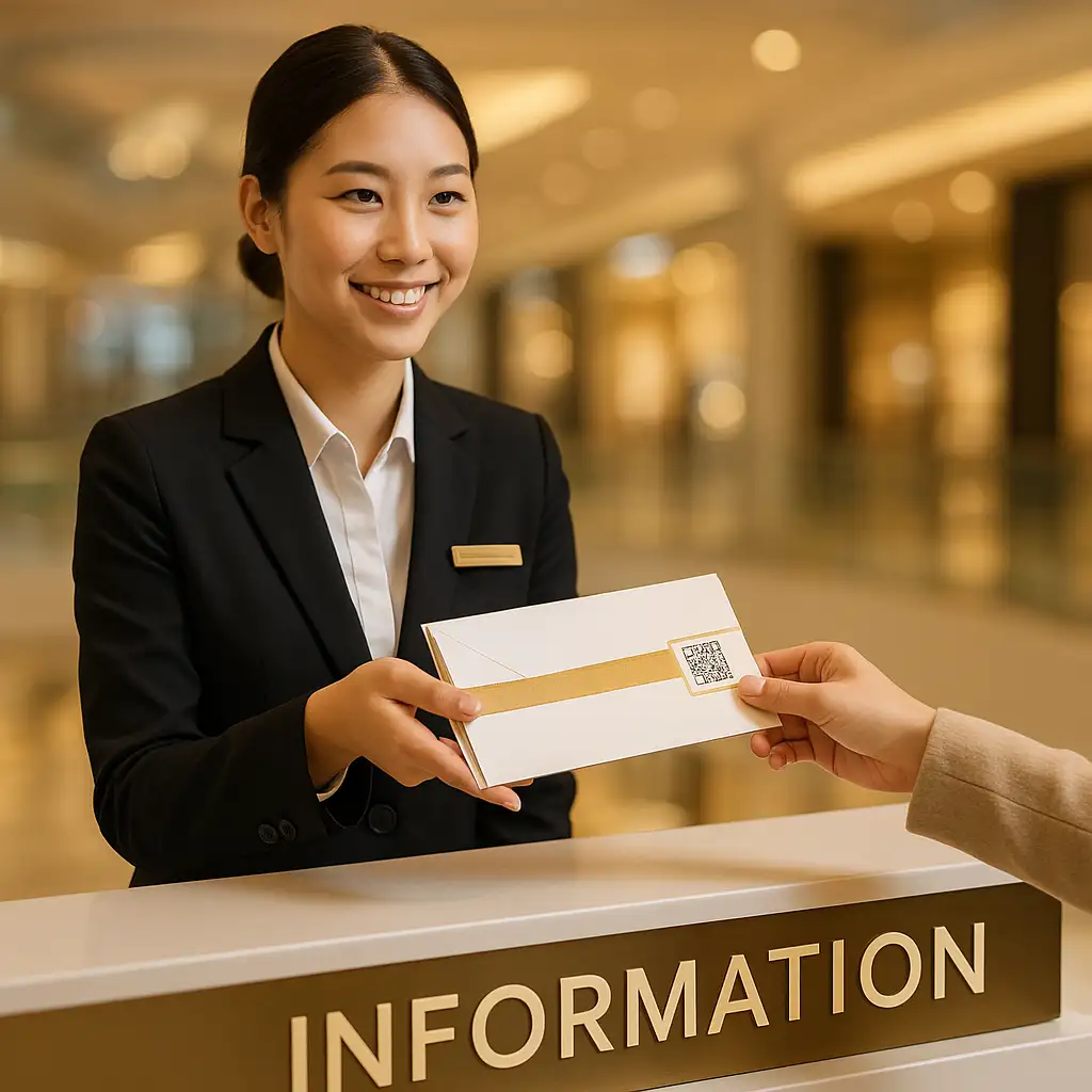 Nhân viên tại quầy thông tin Crescent Mall đang trao phiếu quà tặng cao cấp cho khách hàng.