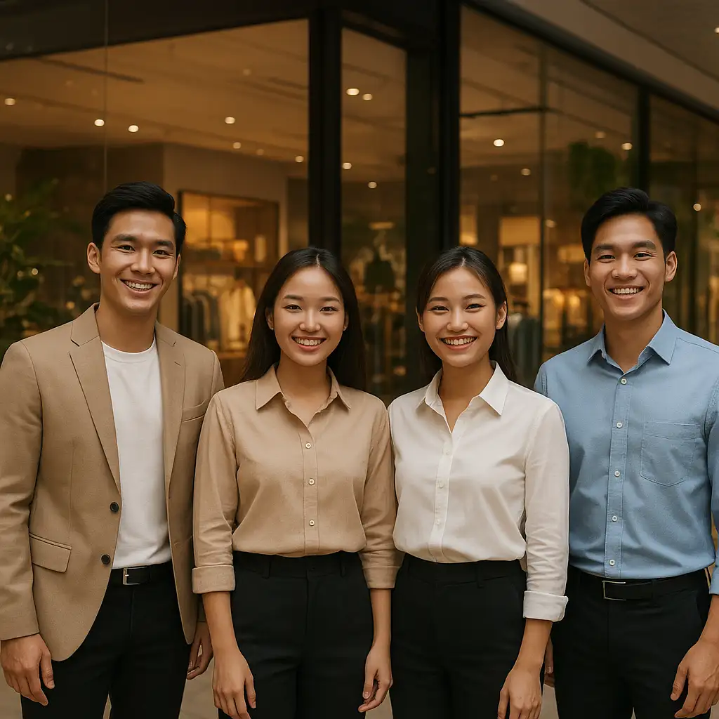 Nhóm nhân viên trẻ năng động tại trung tâm thương mại cao cấp.