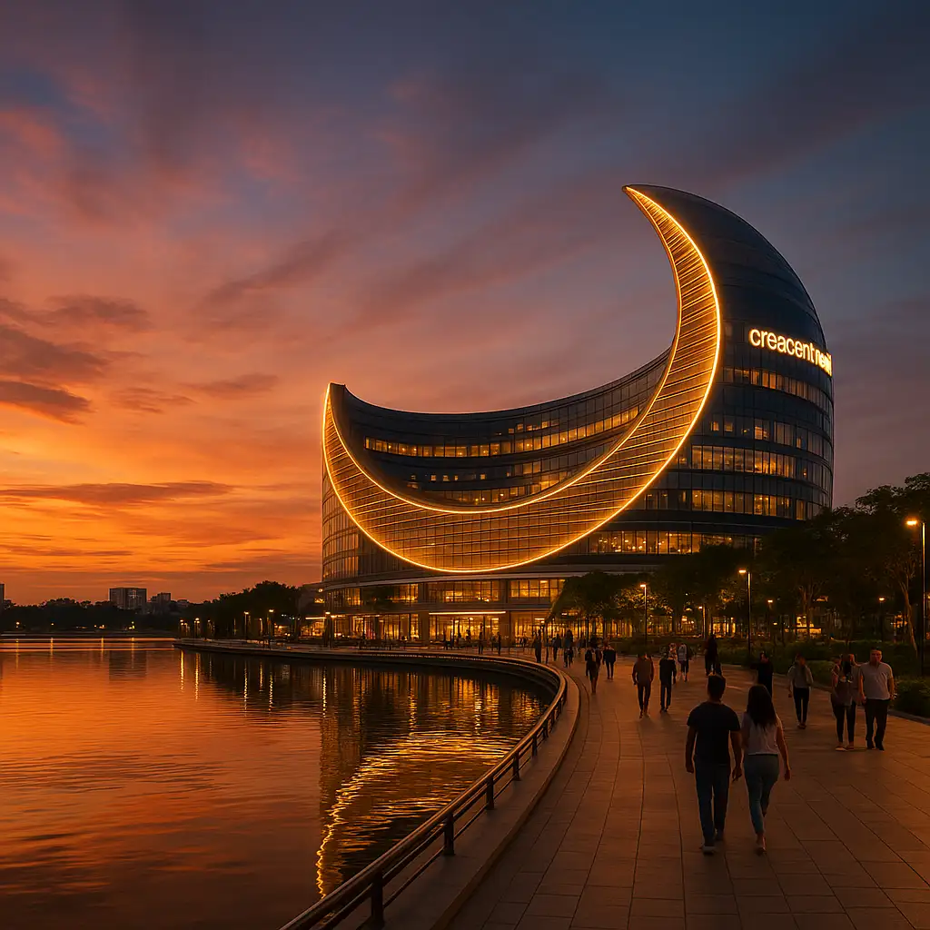 Toàn cảnh kiến trúc hiện đại của Crescent Mall bên cạnh Hồ Bán Nguyệt vào buổi hoàng hôn.