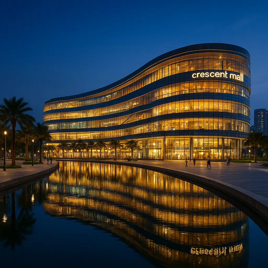Toàn cảnh kiến trúc hiện đại của Crescent Mall Quận 7 bên hồ Bán Nguyệt thơ mộng.