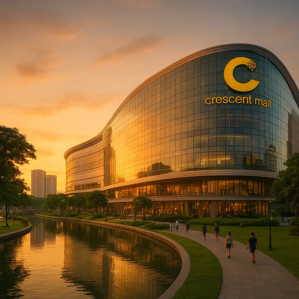 Toàn cảnh kiến trúc hiện đại của trung tâm thương mại Crescent Mall Quận 7 bên hồ Bán Nguyệt