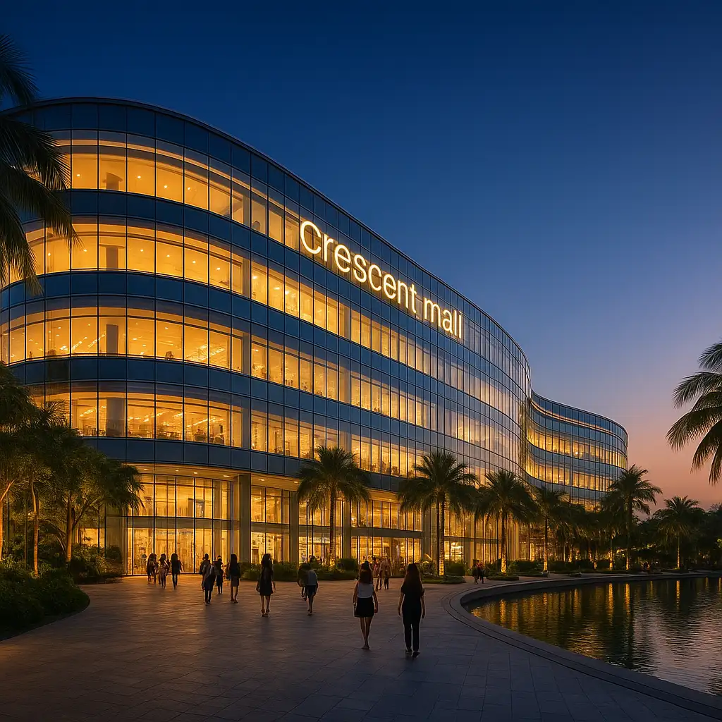 Toàn cảnh mặt tiền hiện đại của trung tâm thương mại Crescent Mall Quận 7 vào buổi tối.