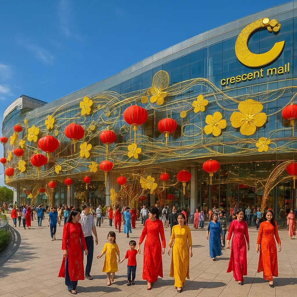 Toàn cảnh mặt tiền TTTM Crescent Mall được trang trí rực rỡ chào đón Tết Nguyên Đán Bính Ngọ 2026.