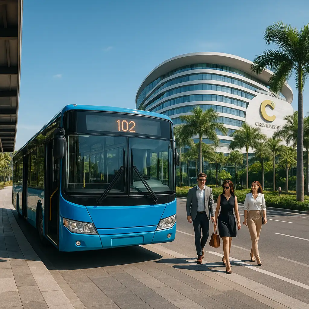 Xe buýt tuyến 102 đang dừng tại trạm gần tòa nhà Crescent Mall hiện đại tại Quận 7.